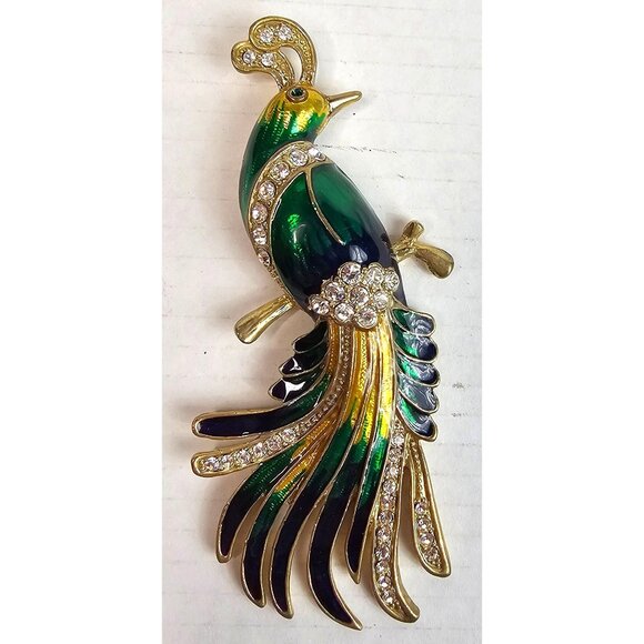 Vintage Womens Bird of Paradise Peacock Enamel Rhinestone Brooch Pin - Picture 1 of 6